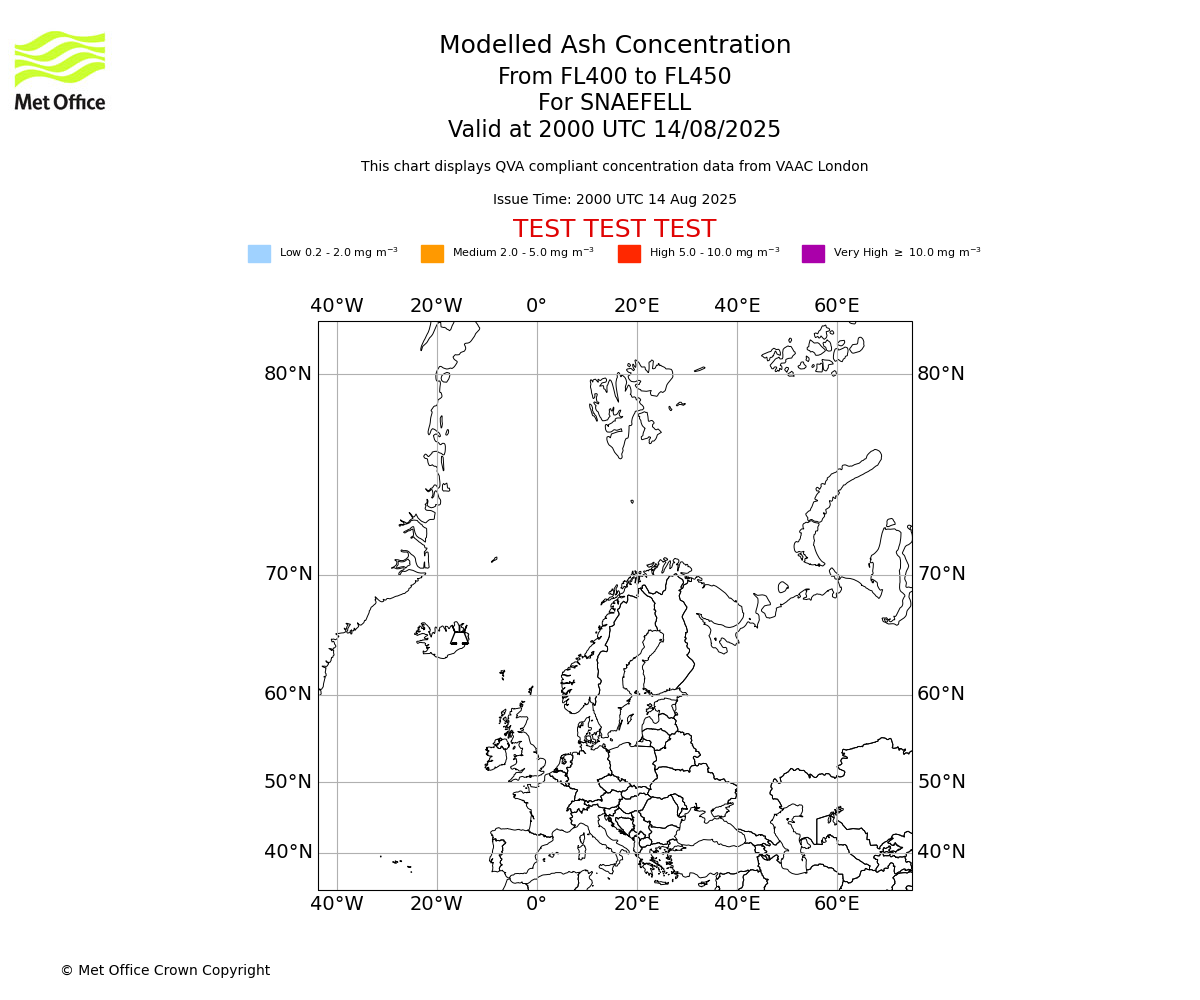Modelled ash concentration from 400 to 450 for SNAEFELL. Valid at 2000 UTC 14/08/2025