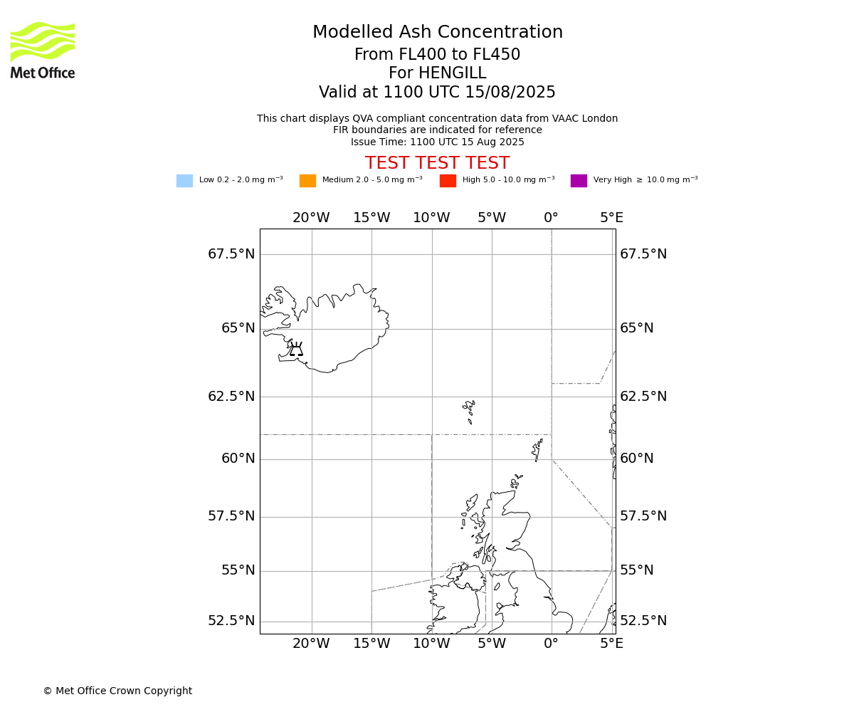 Modelled ash concentration from 400 to 450 for HENGILL. Valid at 1100 UTC 15/08/2025