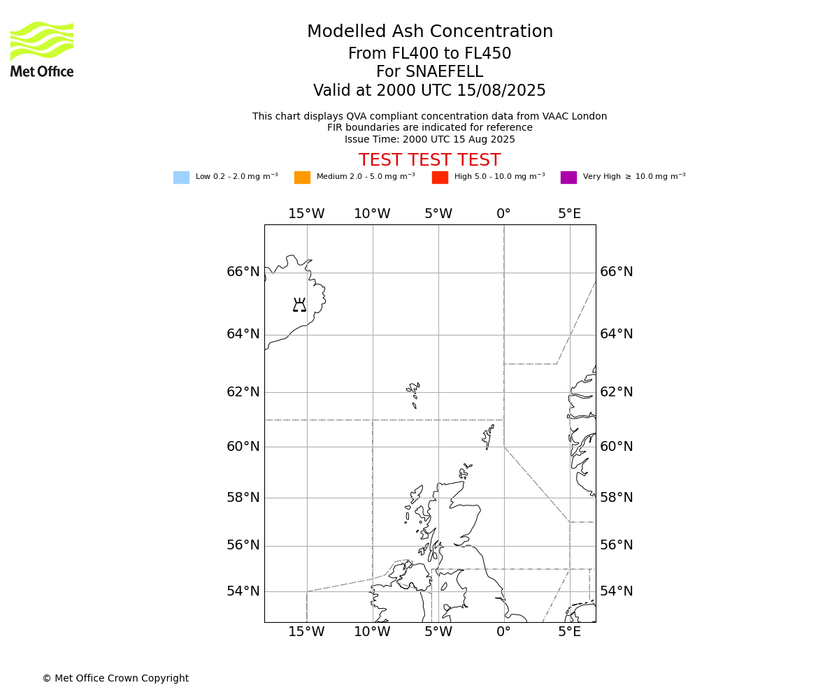 Modelled ash concentration from 400 to 450 for SNAEFELL. Valid at 2000 UTC 15/08/2025