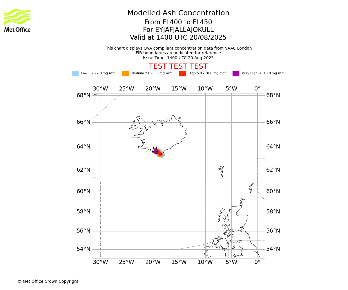 Modelled ash concentration from 400 to 450 for EYJAFJALLAJOKULL. Valid at 1400 UTC 20/08/2025