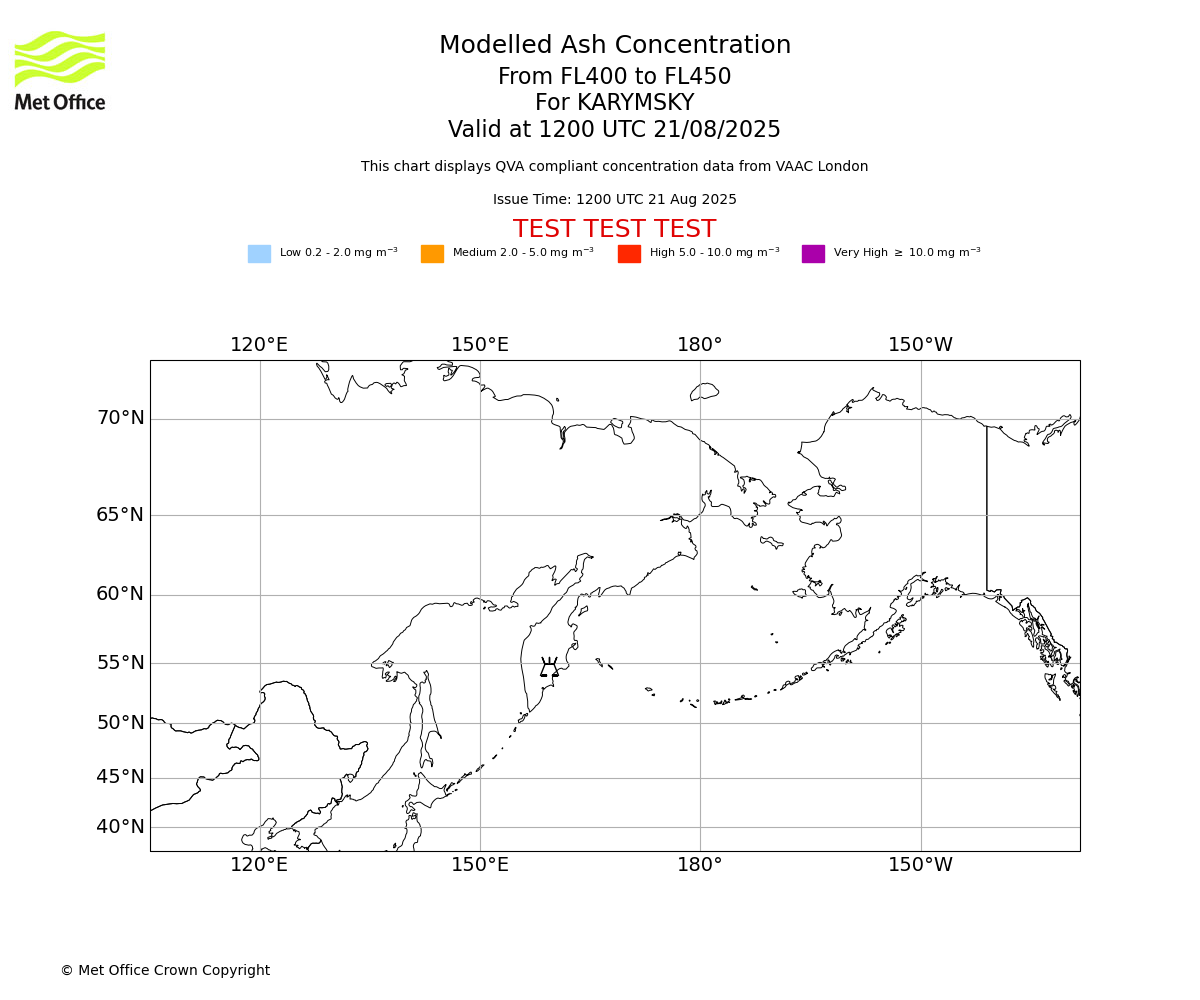 Modelled ash concentration from 400 to 450 for KARYMSKY. Valid at 1200 UTC 21/08/2025