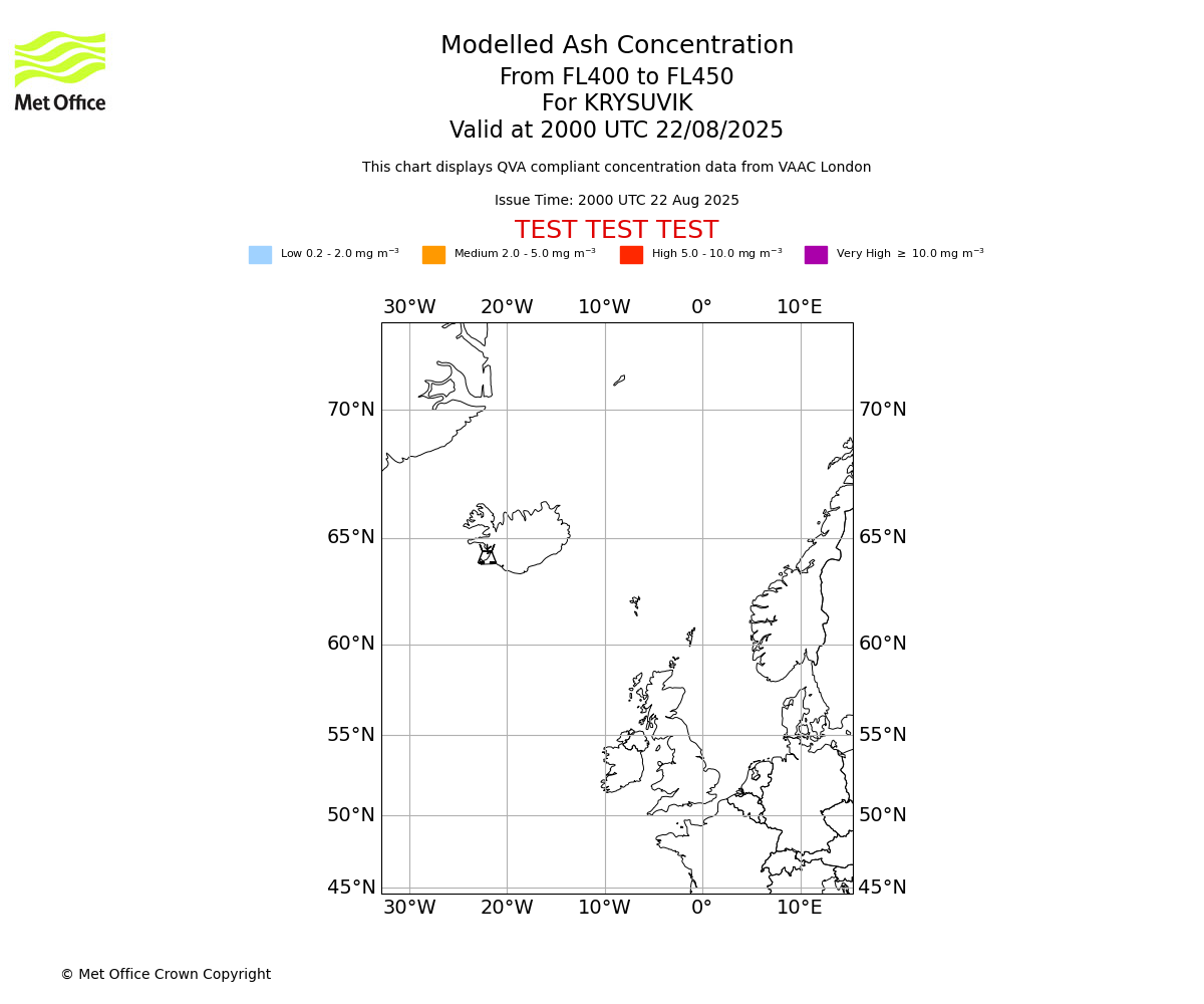 Modelled ash concentration from 400 to 450 for KRYSUVIK. Valid at 2000 UTC 22/08/2025