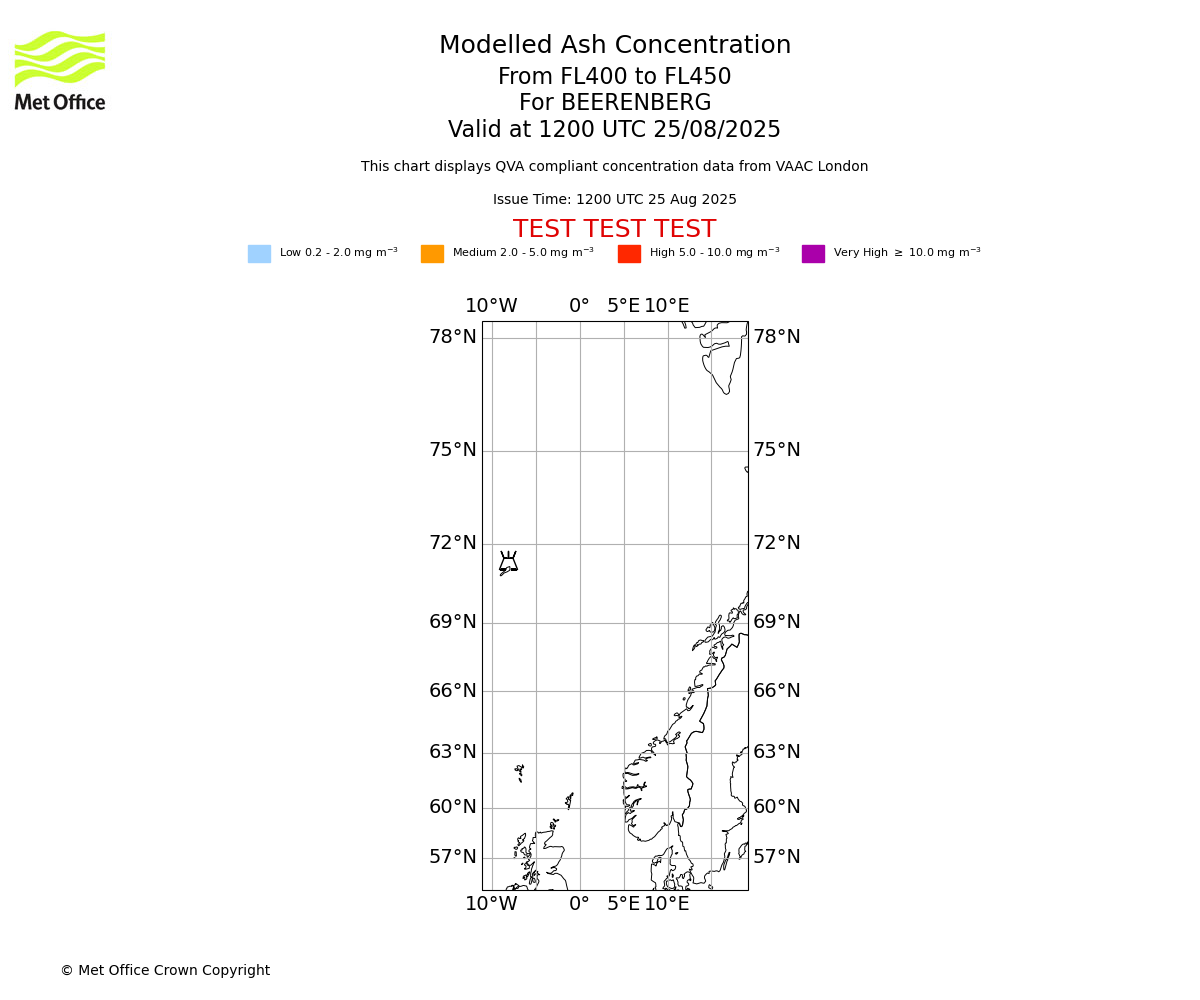 Modelled ash concentration from 400 to 450 for BEERENBERG. Valid at 1200 UTC 25/08/2025