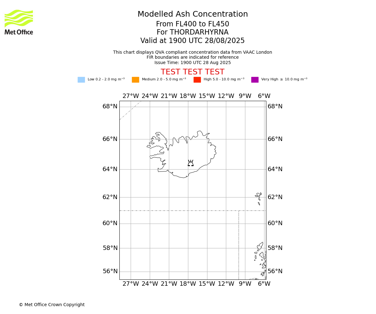 Modelled ash concentration from 400 to 450 for THORDARHYRNA. Valid at 1900 UTC 28/08/2025