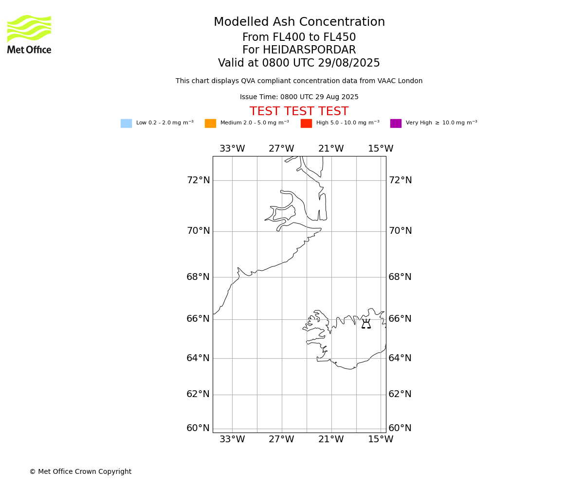 Modelled ash concentration from 400 to 450 for HEIDARSPORDAR. Valid at 0800 UTC 29/08/2025