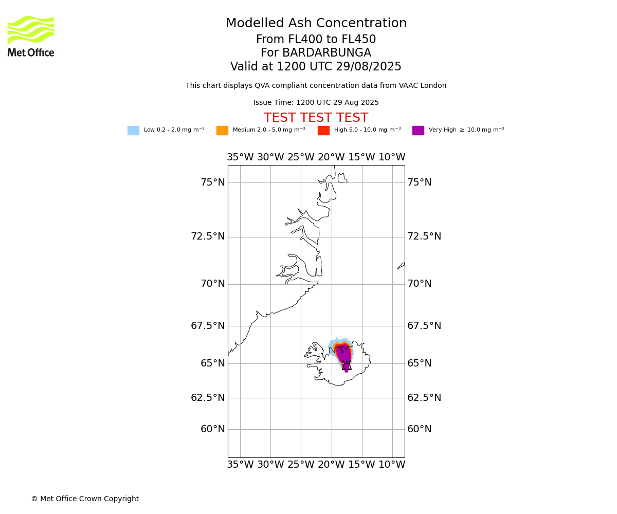 Modelled ash concentration from 400 to 450 for BARDARBUNGA. Valid at 1200 UTC 29/08/2025