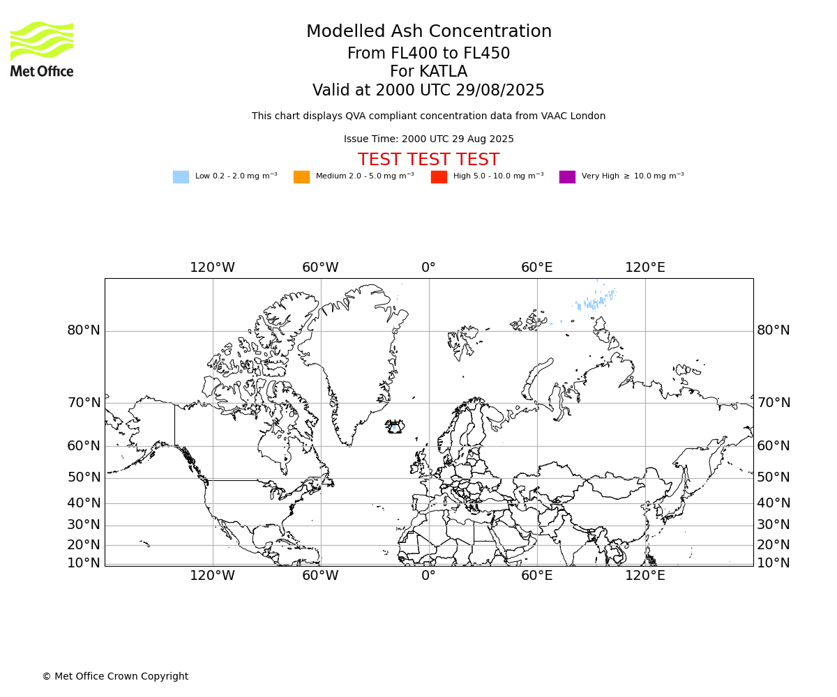 Modelled ash concentration from 400 to 450 for KATLA. Valid at 2000 UTC 29/08/2025
