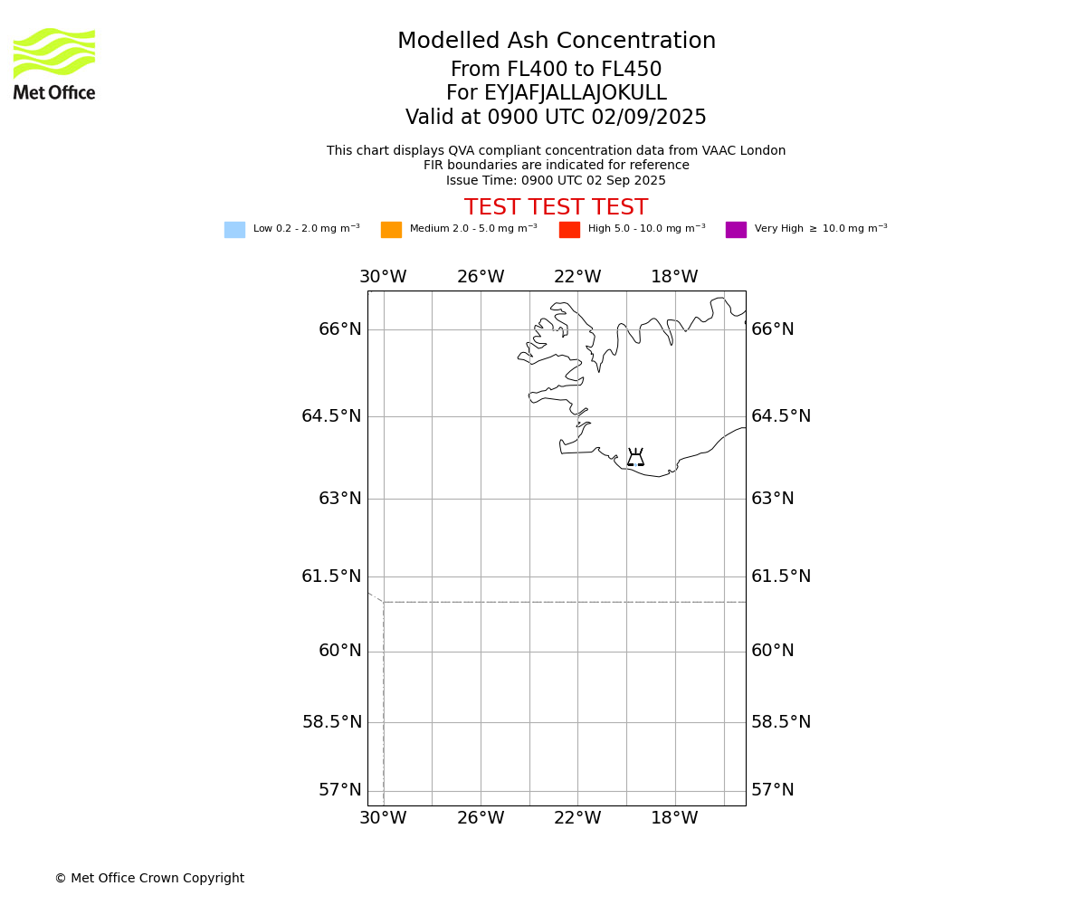 Modelled ash concentration from 400 to 450 for EYJAFJALLAJOKULL. Valid at 0900 UTC 02/09/2025