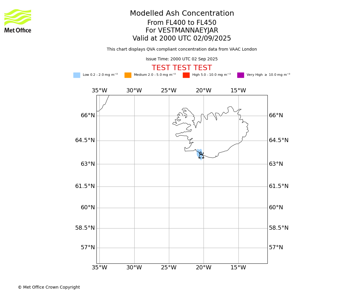 Modelled ash concentration from 400 to 450 for VESTMANNAEYJAR. Valid at 2000 UTC 02/09/2025