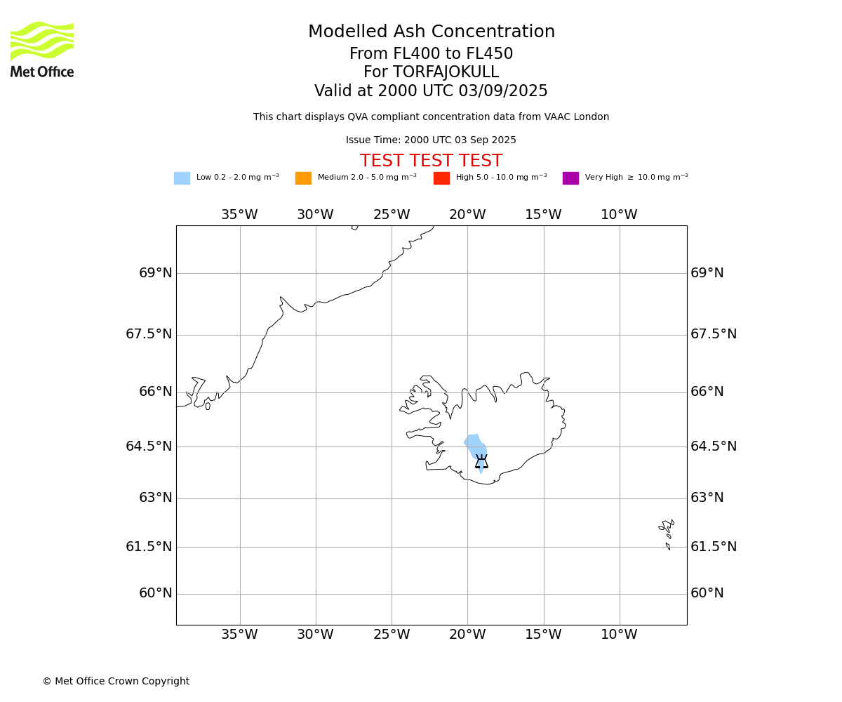Modelled ash concentration from 400 to 450 for TORFAJOKULL. Valid at 2000 UTC 03/09/2025