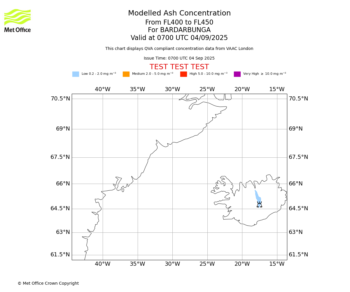 Modelled ash concentration from 400 to 450 for BARDARBUNGA. Valid at 0700 UTC 04/09/2025