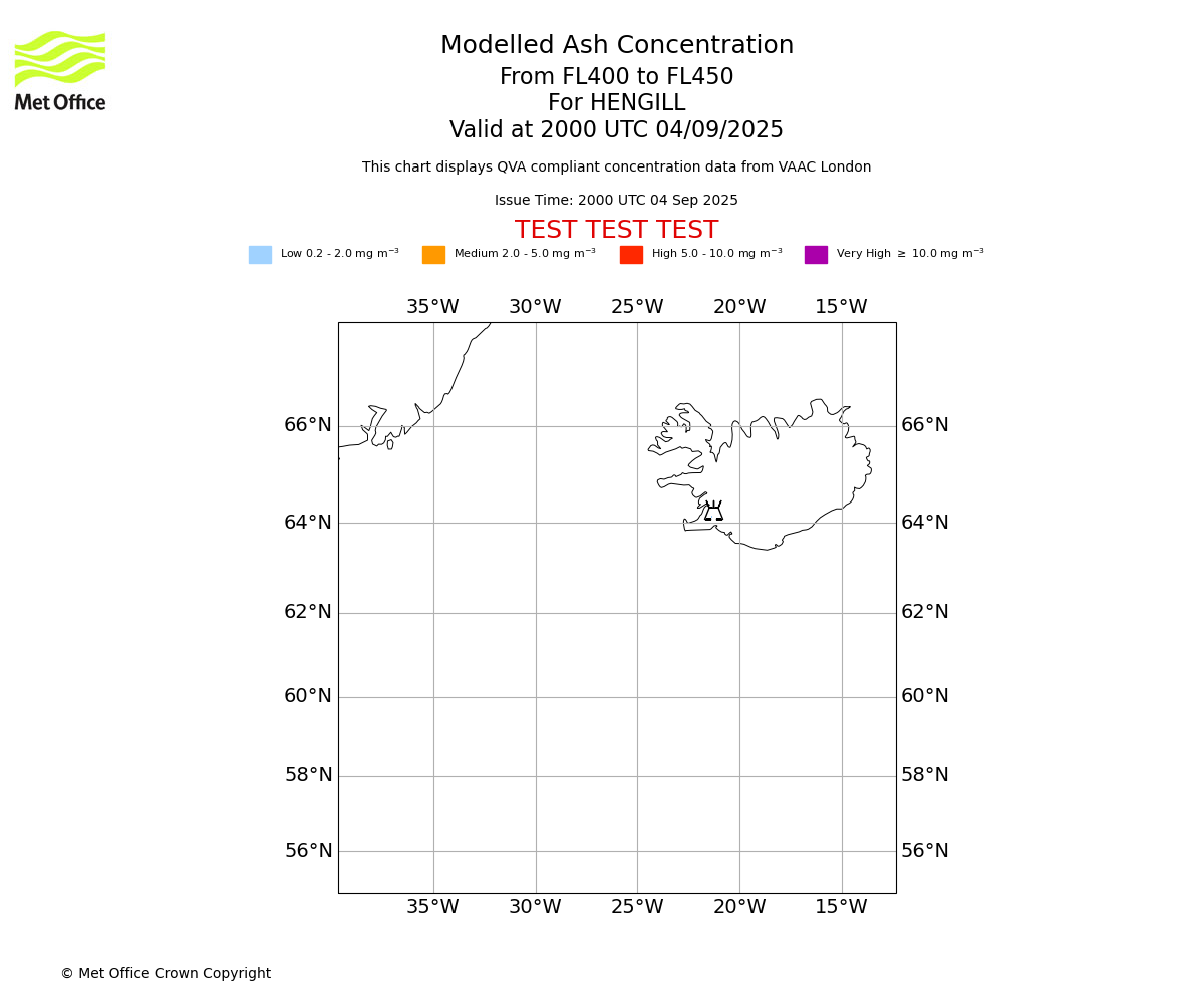 Modelled ash concentration from 400 to 450 for HENGILL. Valid at 2000 UTC 04/09/2025