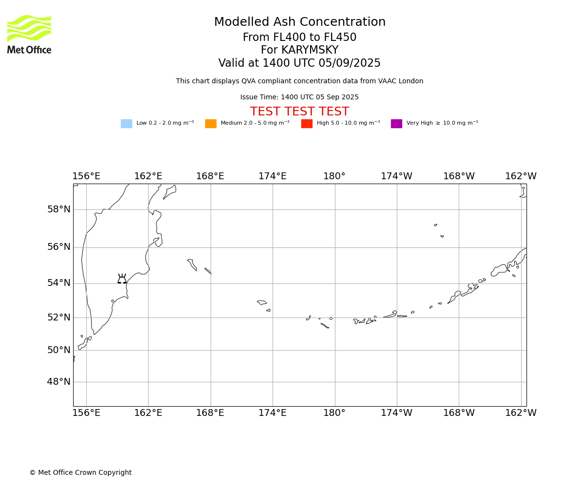 Modelled ash concentration from 400 to 450 for KARYMSKY. Valid at 1400 UTC 05/09/2025