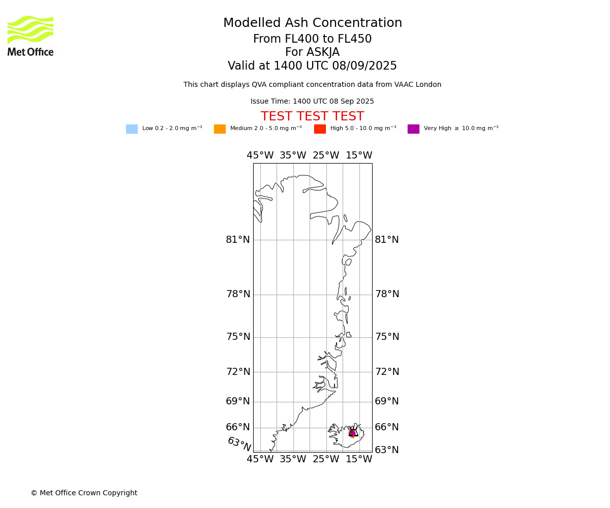 Modelled ash concentration from 400 to 450 for ASKJA. Valid at 1400 UTC 08/09/2025