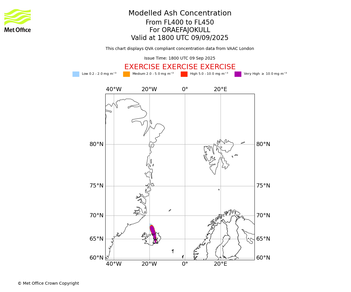Modelled ash concentration from 400 to 450 for ORAEFAJOKULL. Valid at 1800 UTC 09/09/2025