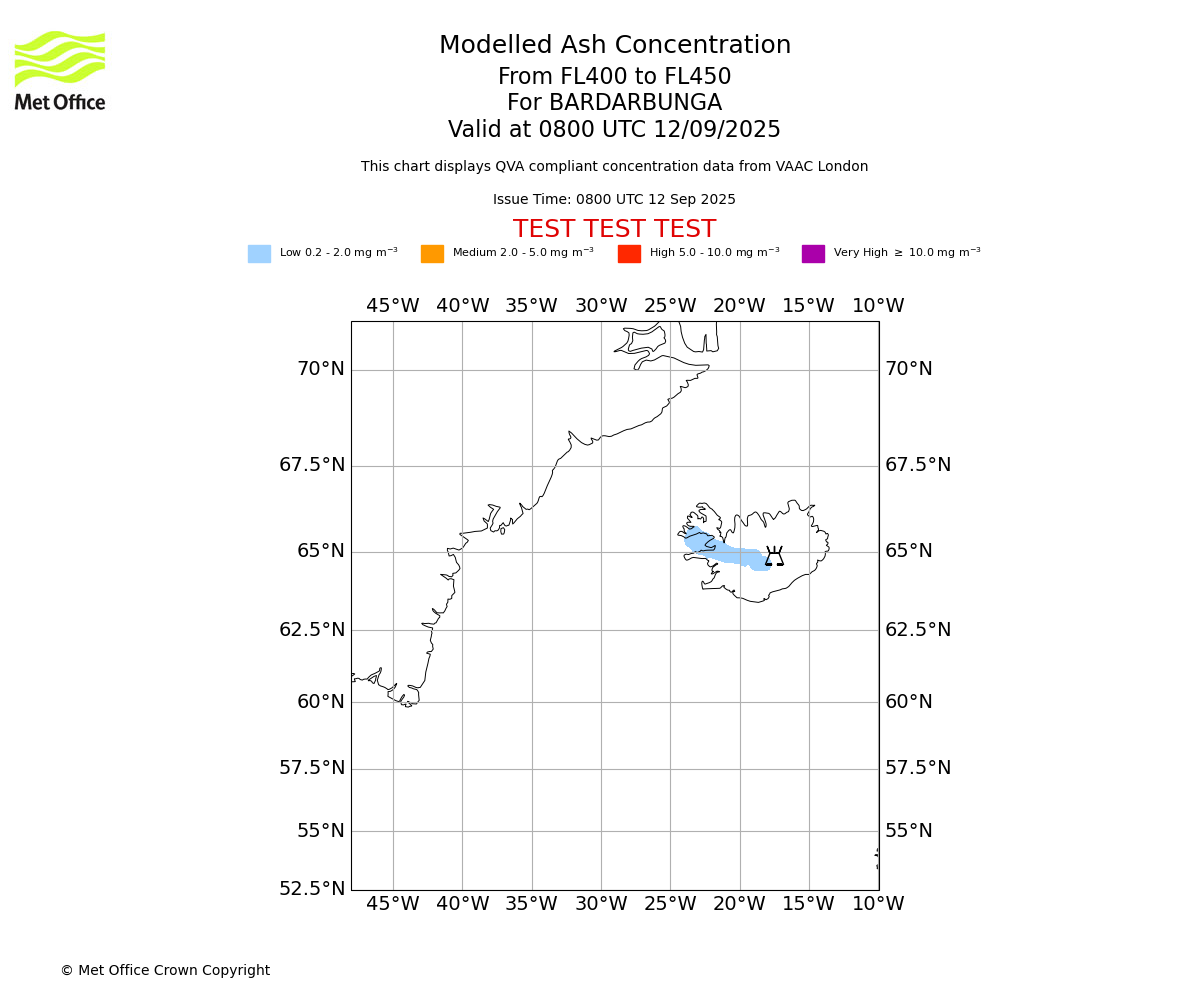 Modelled ash concentration from 400 to 450 for BARDARBUNGA. Valid at 0800 UTC 12/09/2025