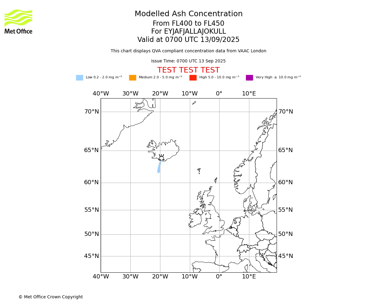 Modelled ash concentration from 400 to 450 for EYJAFJALLAJOKULL. Valid at 0700 UTC 13/09/2025