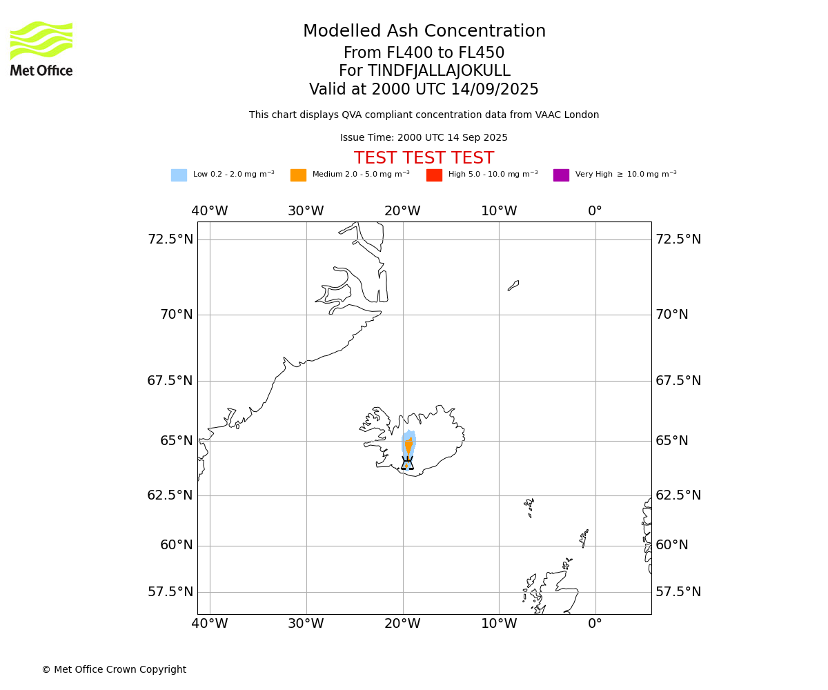 Modelled ash concentration from 400 to 450 for TINDFJALLAJOKULL. Valid at 2000 UTC 14/09/2025