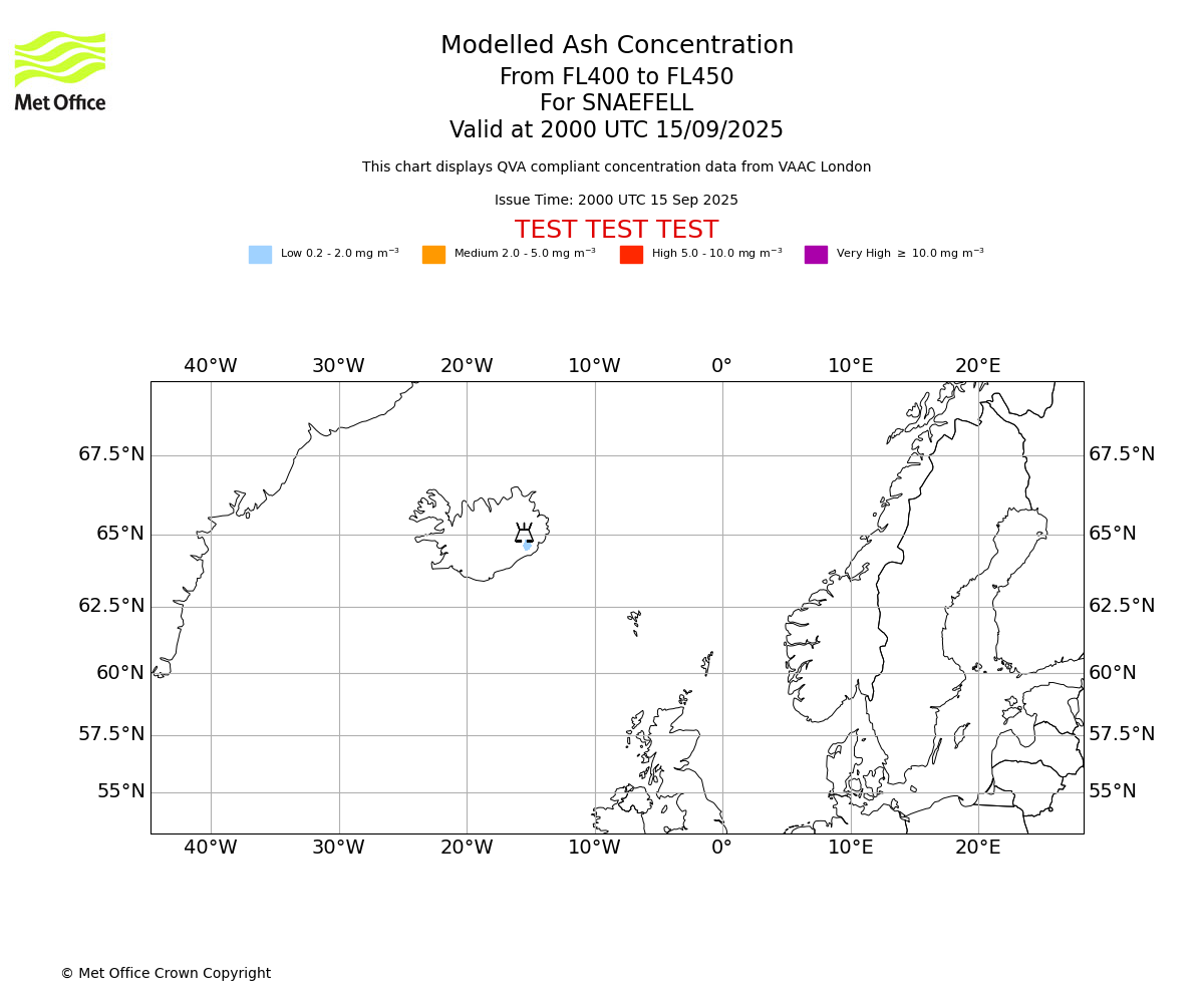 Modelled ash concentration from 400 to 450 for SNAEFELL. Valid at 2000 UTC 15/09/2025