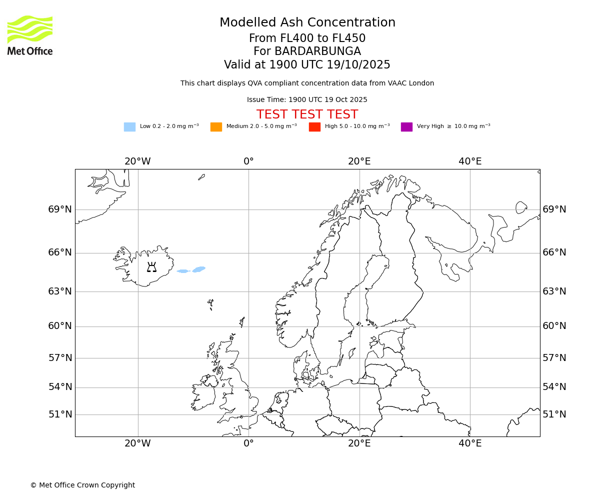 Modelled ash concentration from 400 to 450 for BARDARBUNGA. Valid at 1900 UTC 19/10/2025