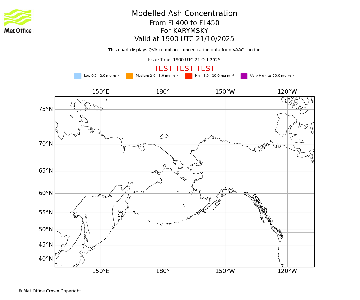 Modelled ash concentration from 400 to 450 for KARYMSKY. Valid at 1900 UTC 21/10/2025