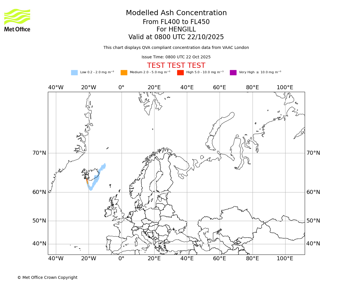 Modelled ash concentration from 400 to 450 for HENGILL. Valid at 0800 UTC 22/10/2025