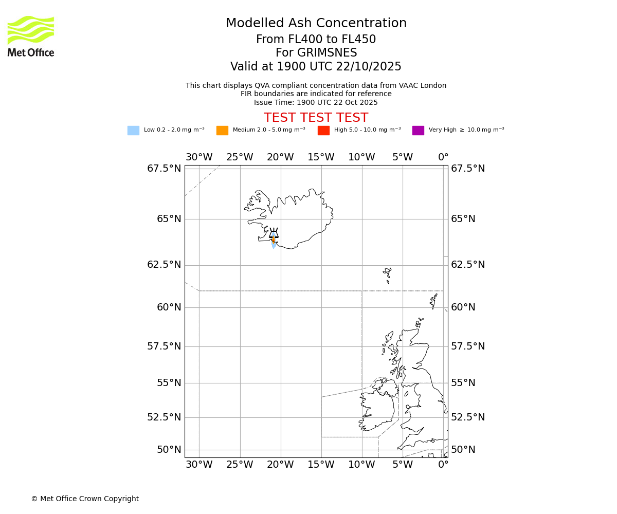 Modelled ash concentration from 400 to 450 for GRIMSNES. Valid at 1900 UTC 22/10/2025