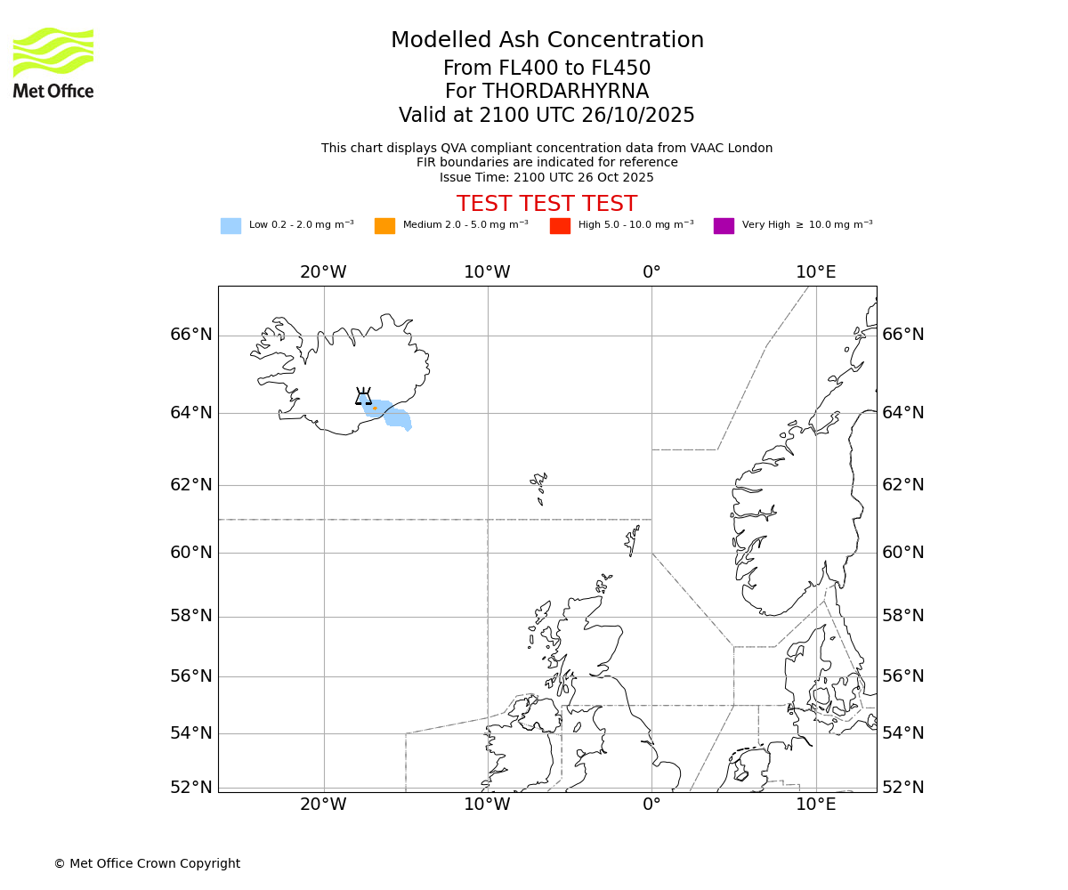 Modelled ash concentration from 400 to 450 for THORDARHYRNA. Valid at 2100 UTC 26/10/2025