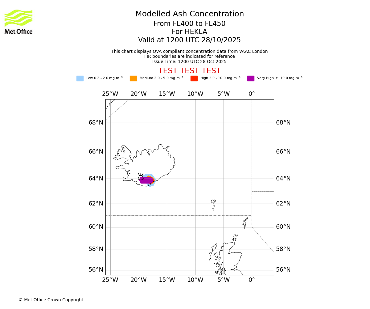 Modelled ash concentration from 400 to 450 for HEKLA. Valid at 1200 UTC 28/10/2025