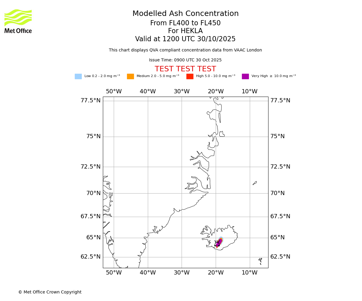 Modelled ash concentration from 400 to 450 for HEKLA. Valid at 1200 UTC 30/10/2025