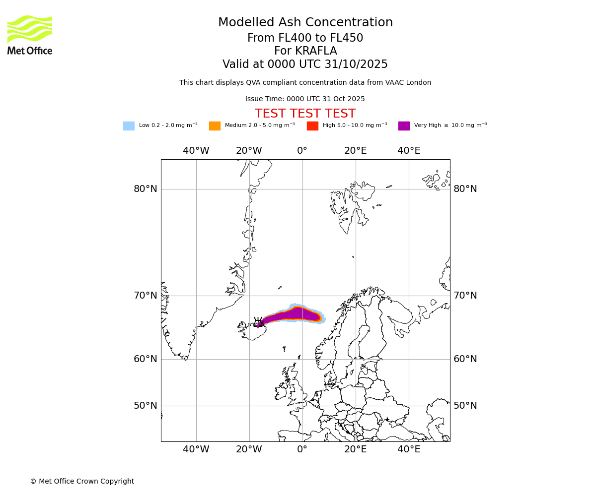 Modelled ash concentration from 400 to 450 for KRAFLA. Valid at 0000 UTC 31/10/2025