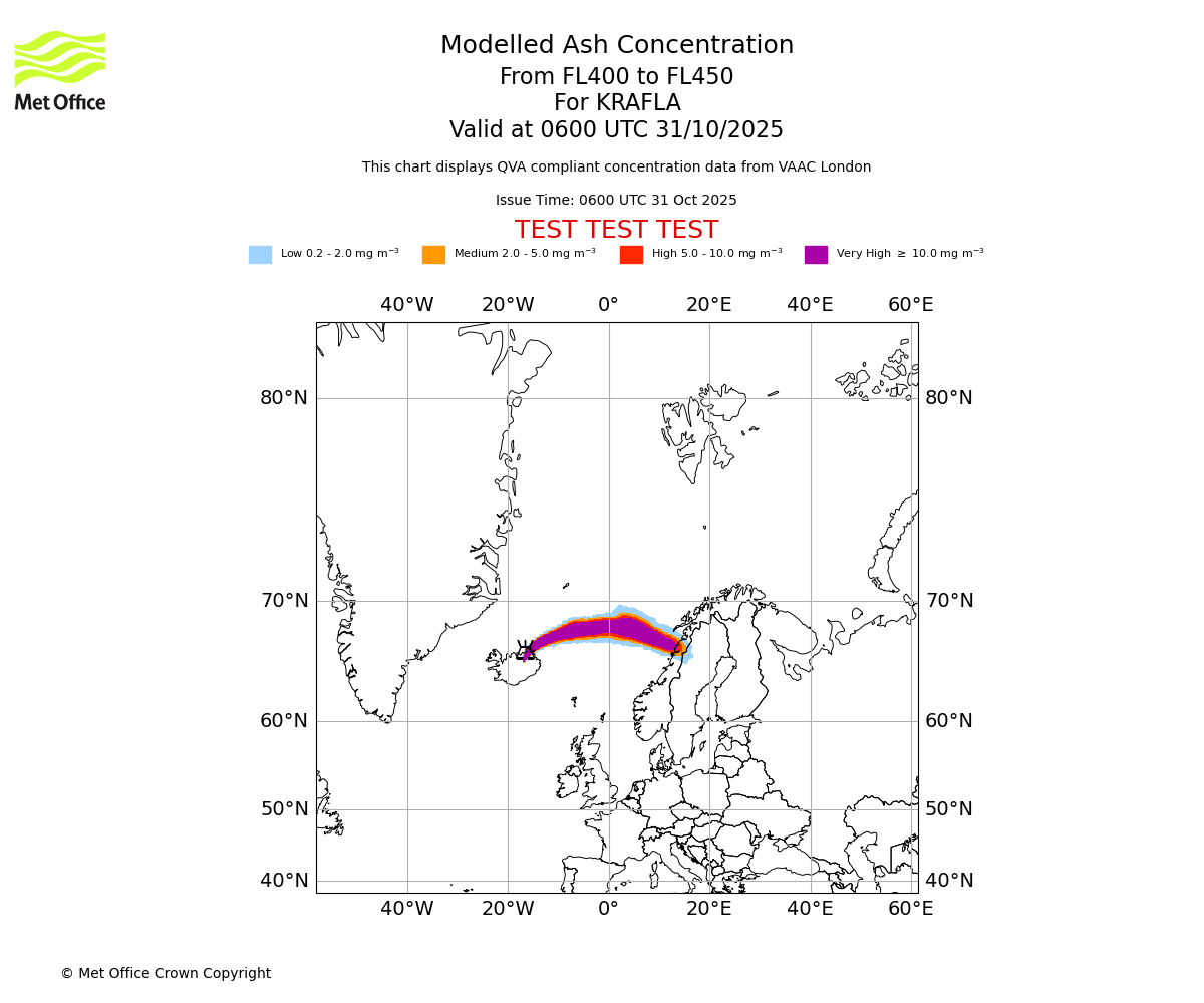 Modelled ash concentration from 400 to 450 for KRAFLA. Valid at 0600 UTC 31/10/2025