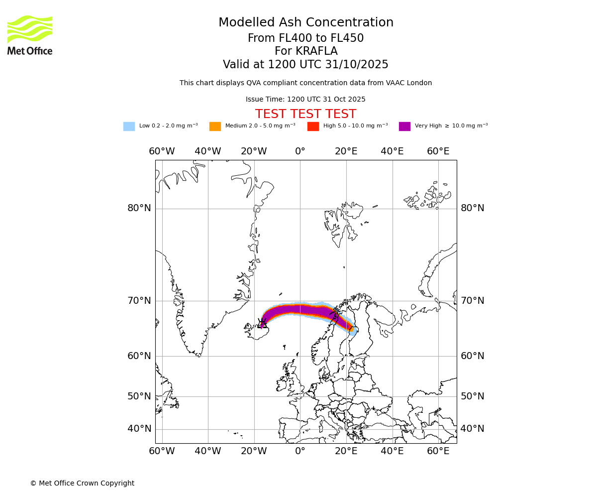 Modelled ash concentration from 400 to 450 for KRAFLA. Valid at 1200 UTC 31/10/2025
