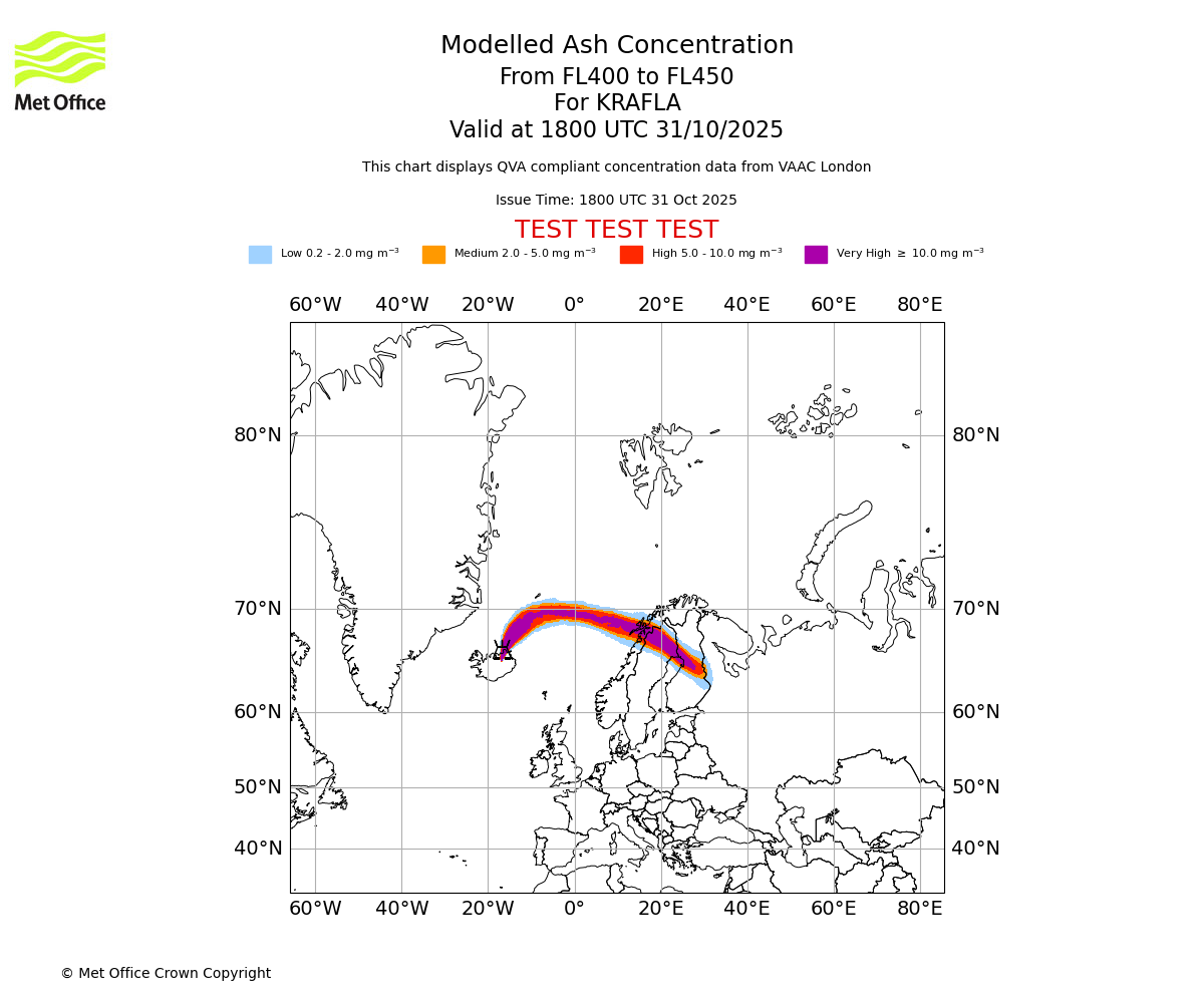 Modelled ash concentration from 400 to 450 for KRAFLA. Valid at 1800 UTC 31/10/2025