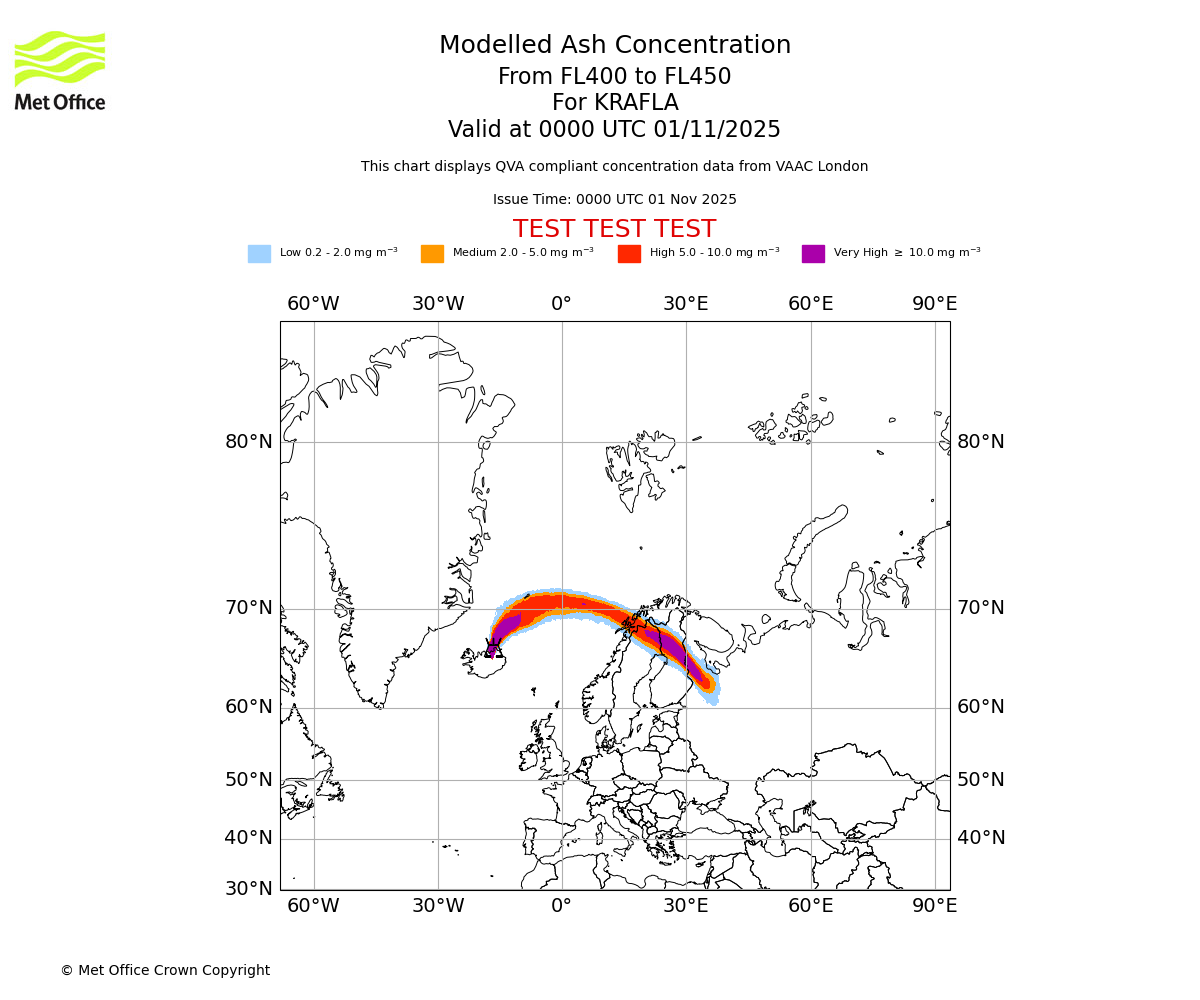 Modelled ash concentration from 400 to 450 for KRAFLA. Valid at 0000 UTC 01/11/2025