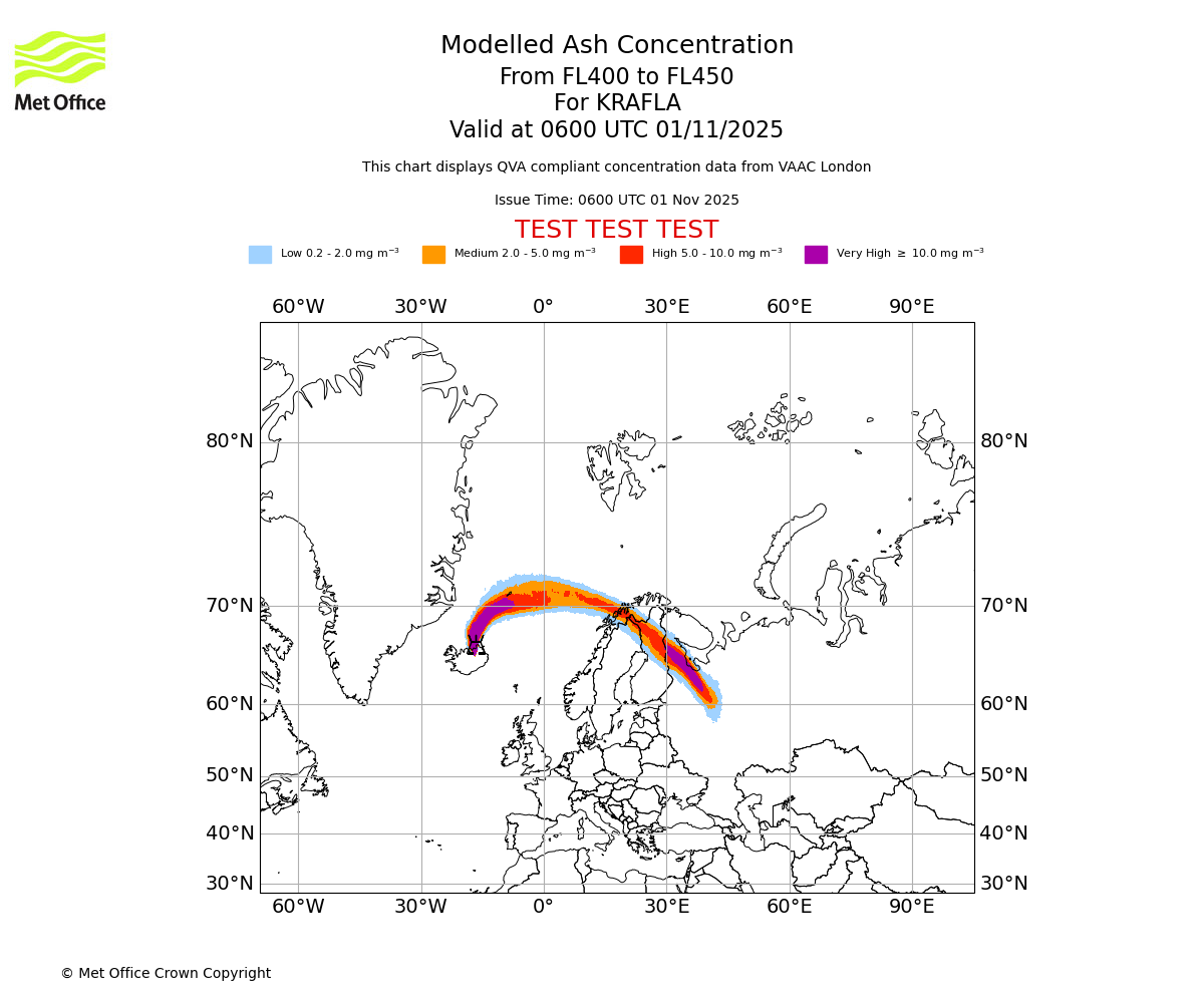 Modelled ash concentration from 400 to 450 for KRAFLA. Valid at 0600 UTC 01/11/2025