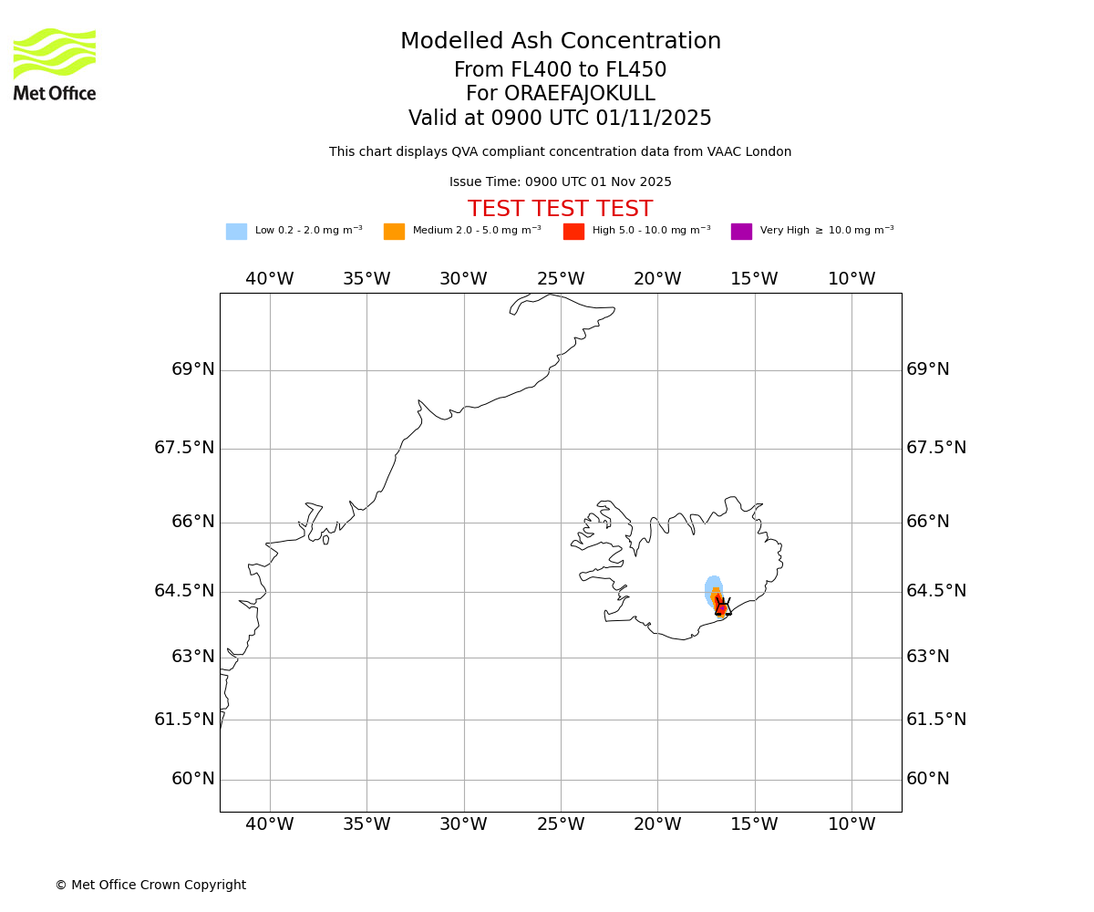 Modelled ash concentration from 400 to 450 for ORAEFAJOKULL. Valid at 0900 UTC 01/11/2025