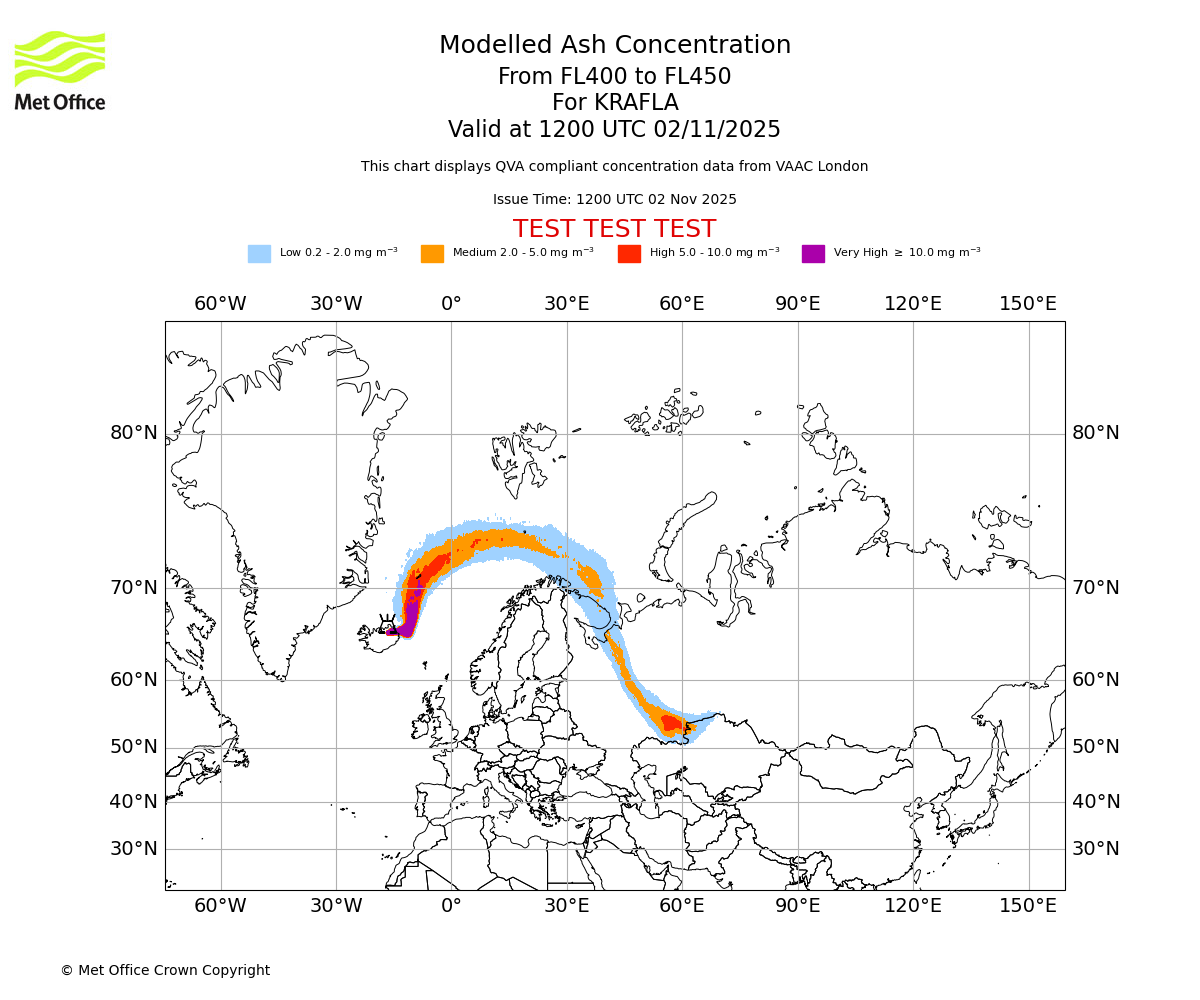 Modelled ash concentration from 400 to 450 for KRAFLA. Valid at 1200 UTC 02/11/2025