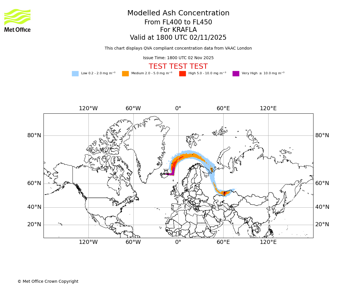 Modelled ash concentration from 400 to 450 for KRAFLA. Valid at 1800 UTC 02/11/2025