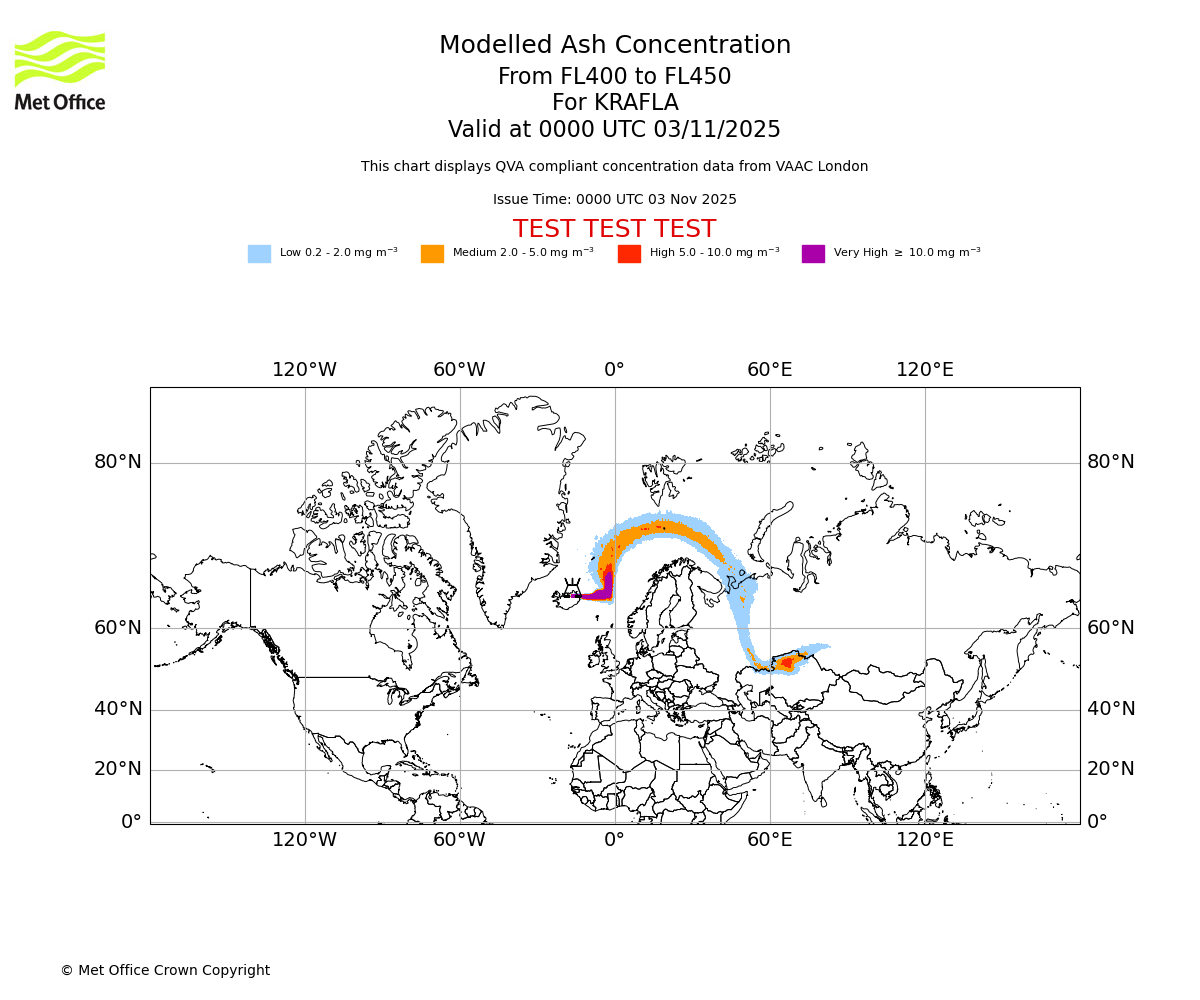 Modelled ash concentration from 400 to 450 for KRAFLA. Valid at 0000 UTC 03/11/2025