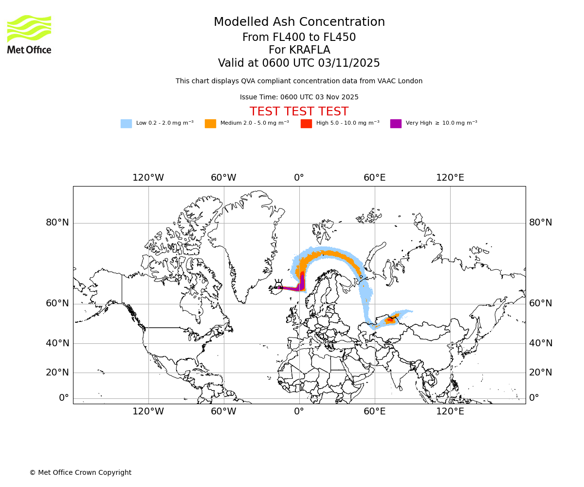 Modelled ash concentration from 400 to 450 for KRAFLA. Valid at 0600 UTC 03/11/2025