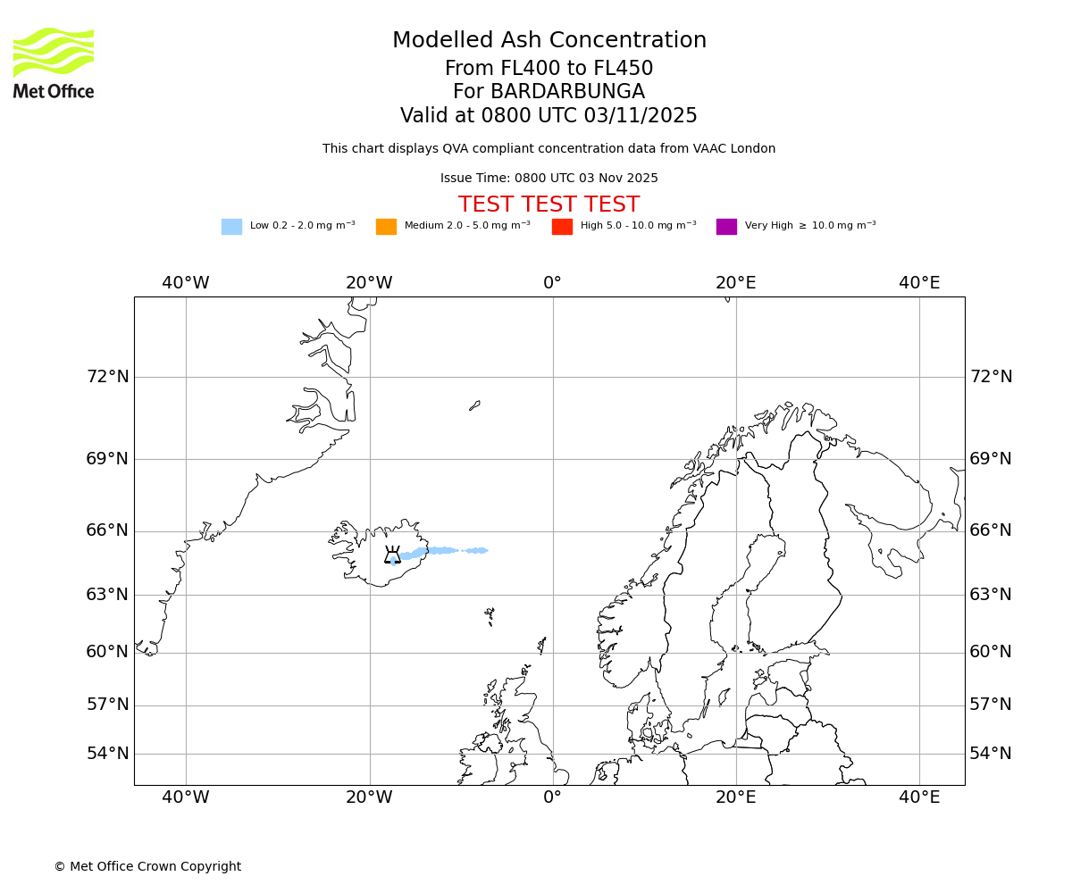 Modelled ash concentration from 400 to 450 for BARDARBUNGA. Valid at 0800 UTC 03/11/2025