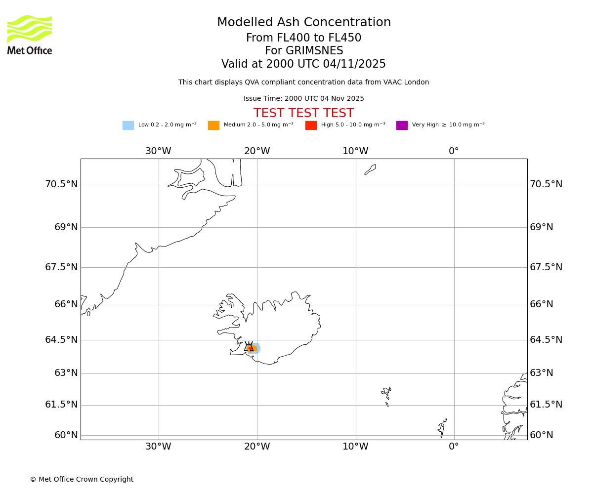 Modelled ash concentration from 400 to 450 for GRIMSNES. Valid at 2000 UTC 04/11/2025