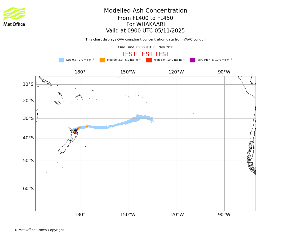 Modelled ash concentration from 400 to 450 for WHAKAARI. Valid at 0900 UTC 05/11/2025