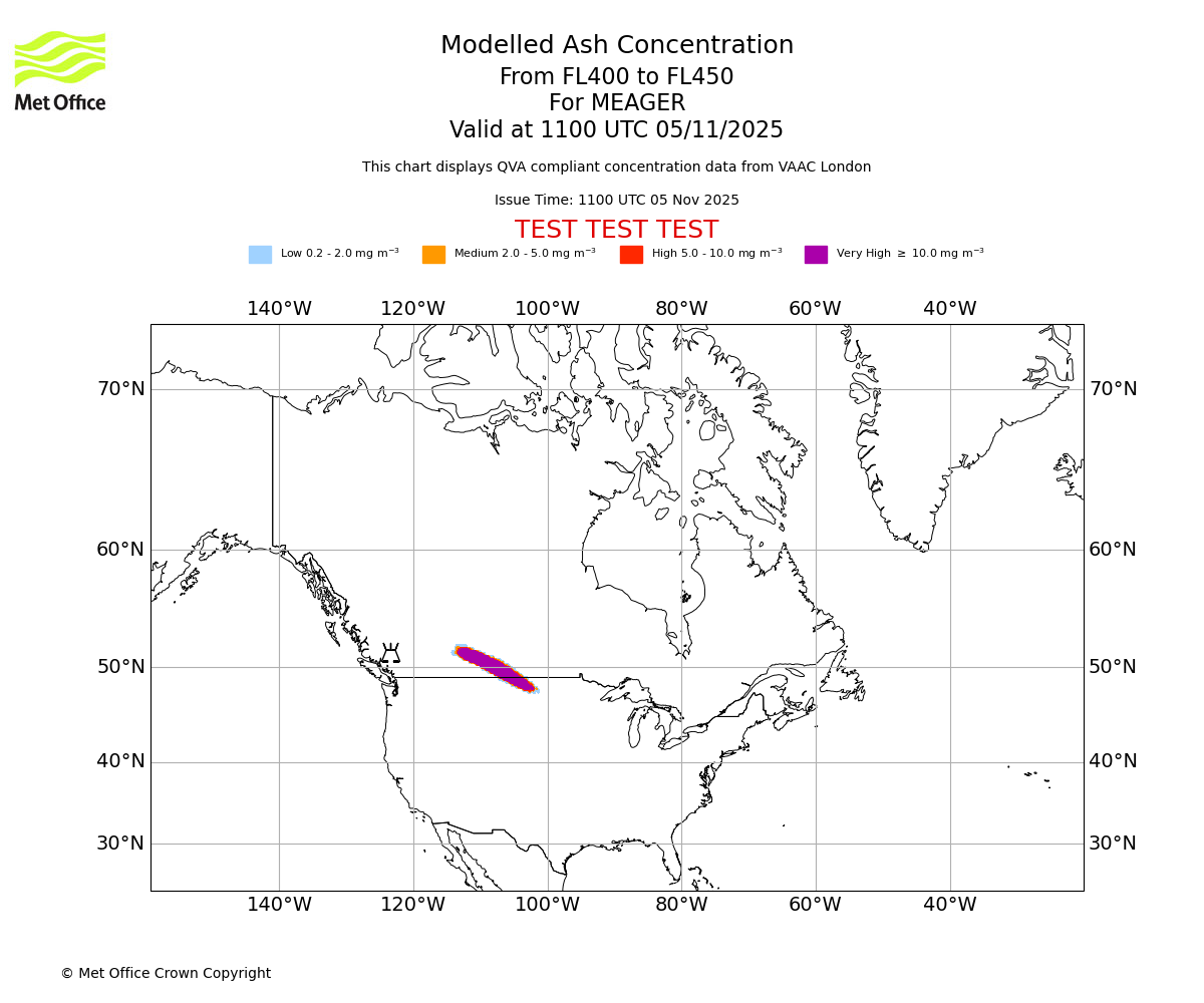 Modelled ash concentration from 400 to 450 for MEAGER. Valid at 1100 UTC 05/11/2025