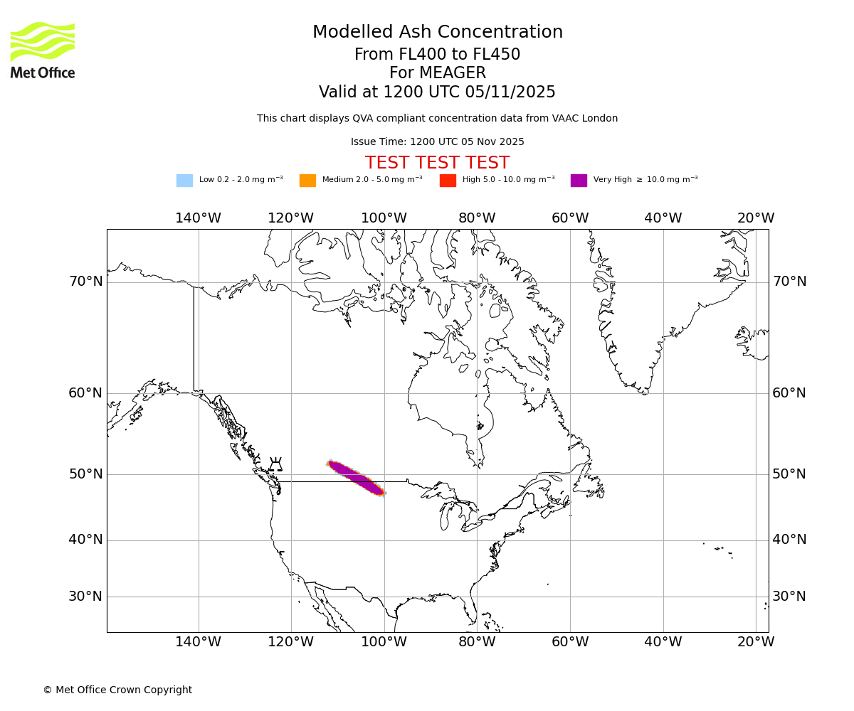 Modelled ash concentration from 400 to 450 for MEAGER. Valid at 1200 UTC 05/11/2025