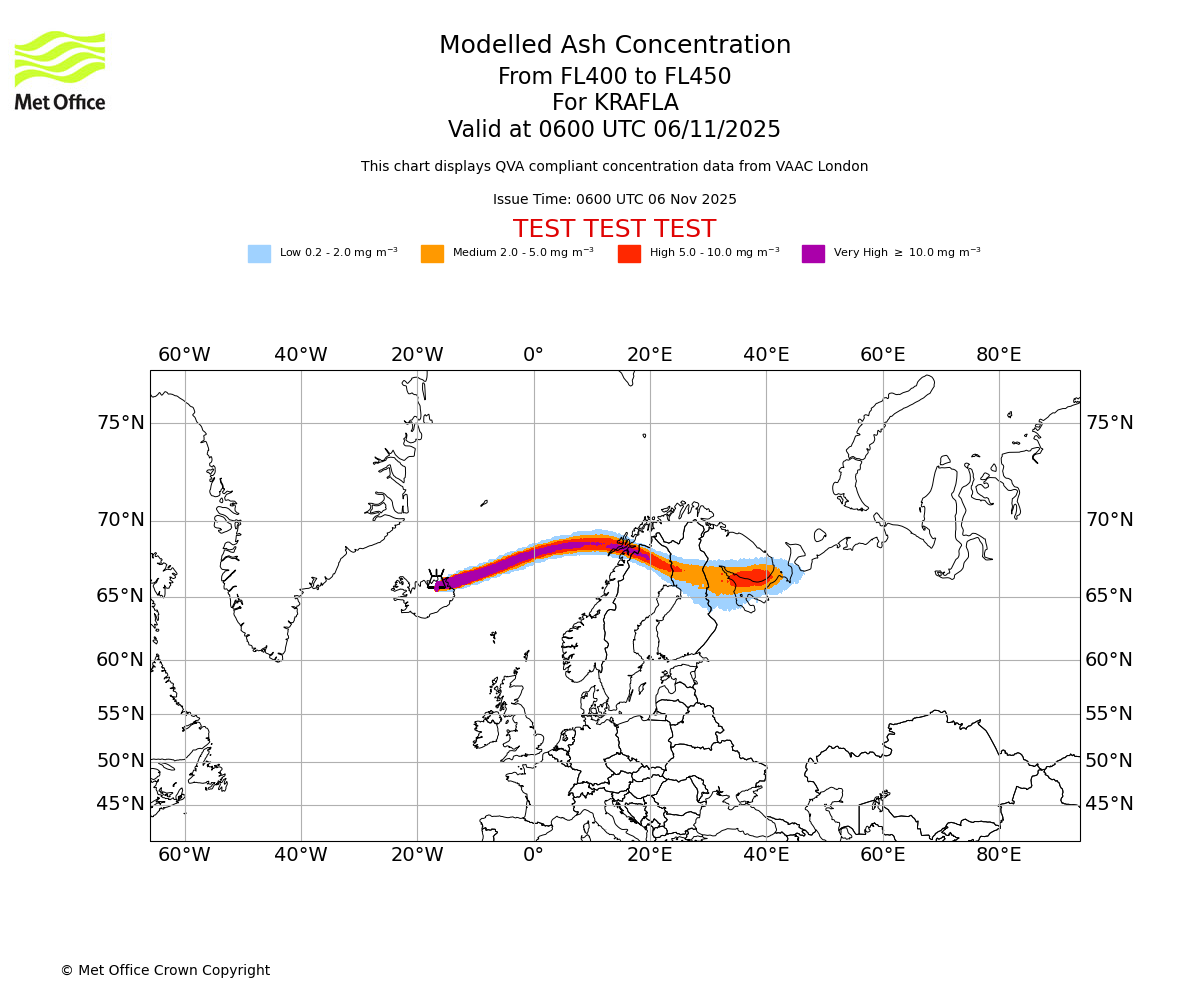 Modelled ash concentration from 400 to 450 for KRAFLA. Valid at 0600 UTC 06/11/2025