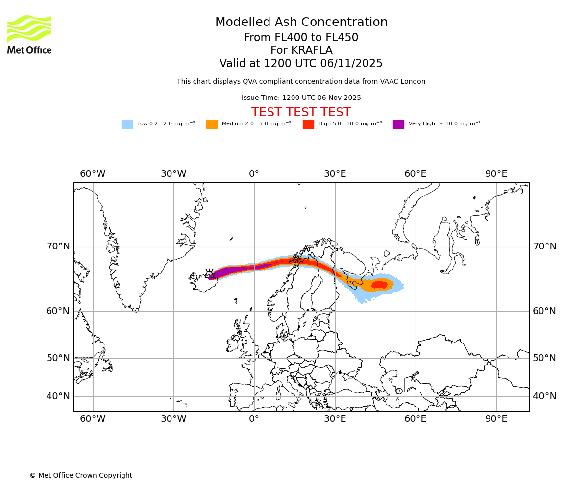Modelled ash concentration from 400 to 450 for KRAFLA. Valid at 1200 UTC 06/11/2025
