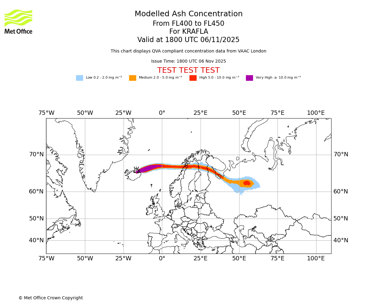 Modelled ash concentration from 400 to 450 for KRAFLA. Valid at 1800 UTC 06/11/2025