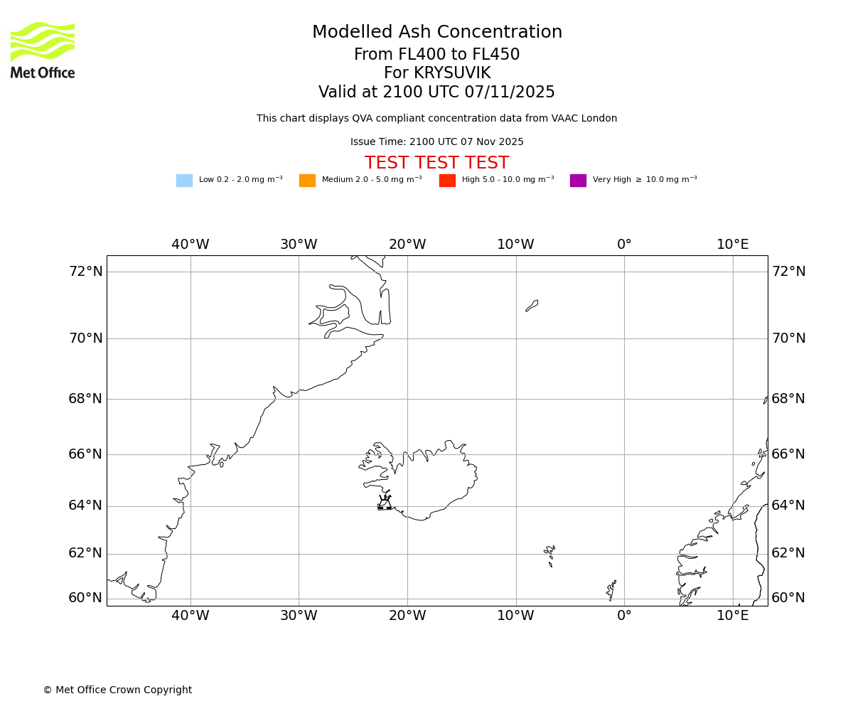 Modelled ash concentration from 400 to 450 for KRYSUVIK. Valid at 2100 UTC 07/11/2025